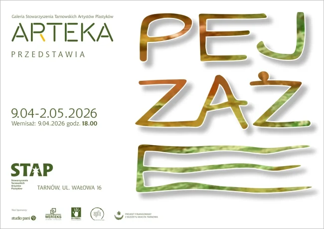 plakat informujący o wystawie pt. pejzaże w galerii arteka w tarnowie