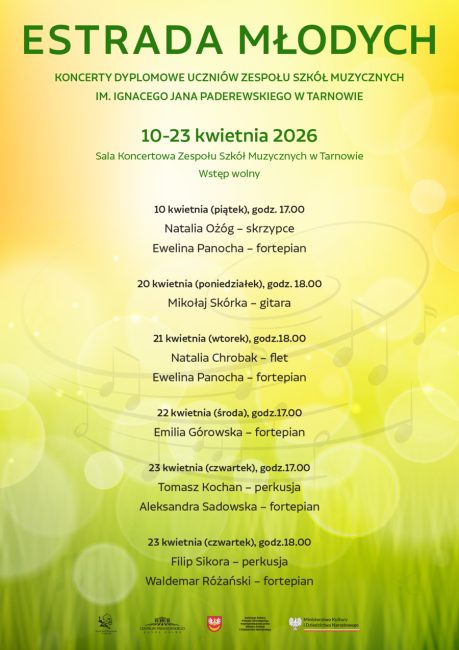 plakat z harmonogramem koncertów dyplomowych uczniów zespołu szkół muzycznych w tarnowie