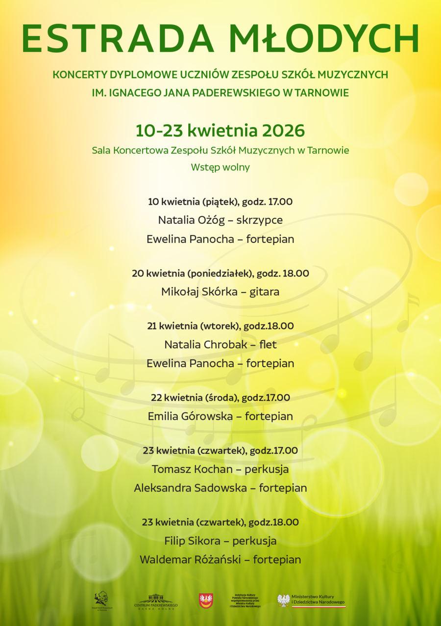 plakat z harmonogramem koncertów dyplomowych uczniów zespołu szkół muzycznych w tarnowie