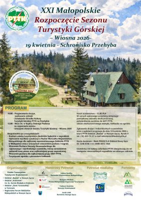 plakat informujący i programie i przebiegu małopolskiego rzpoczęcia sezonu turystyki górskiej na przehybie