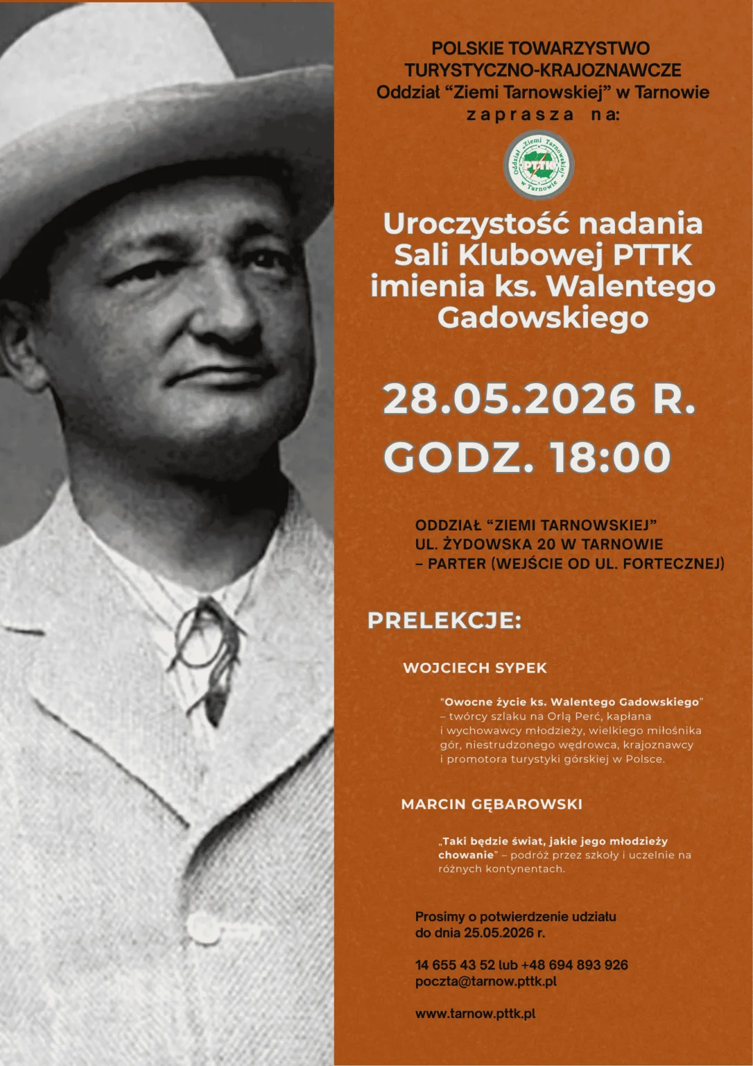 plakat informujący o uroczystości nadania sali klubowej pttk w Tarnowie imienia ks. walentego gadowskiego