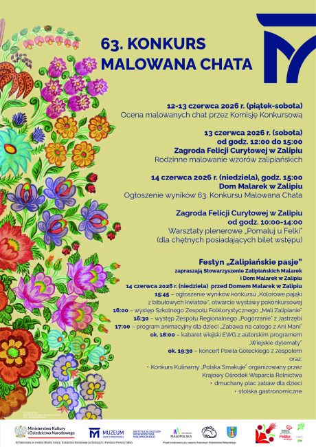 plakat programu wydarzeń związanych z 63. edycją konkursu "malowana chata" w zalipiu