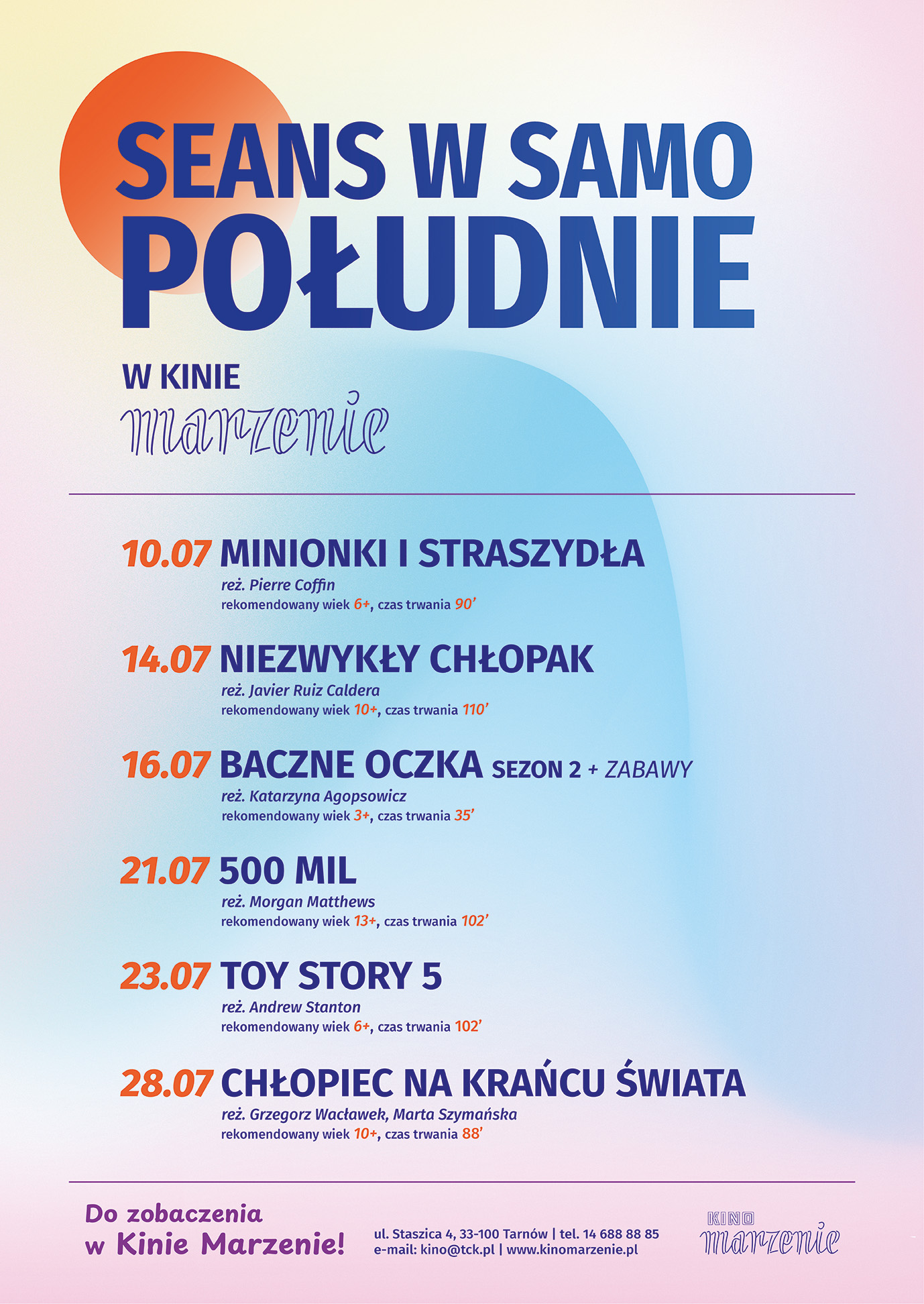 plakat z rozpiską projekcji filmowych w kinie marzenie w ramach lipcowych "seansów w samo południe"