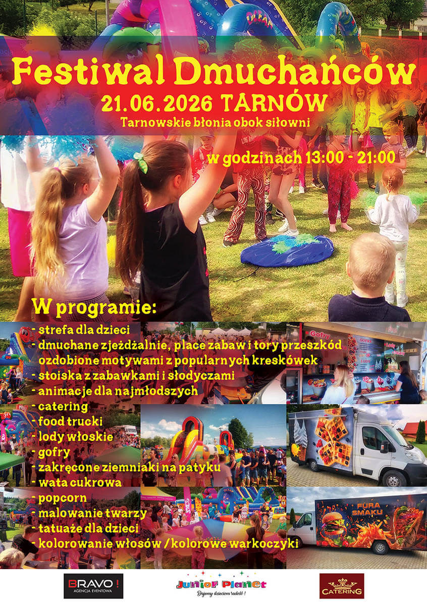 plakat promujący festiwal dmuchańców i food trucków na błoniach w tarnowie