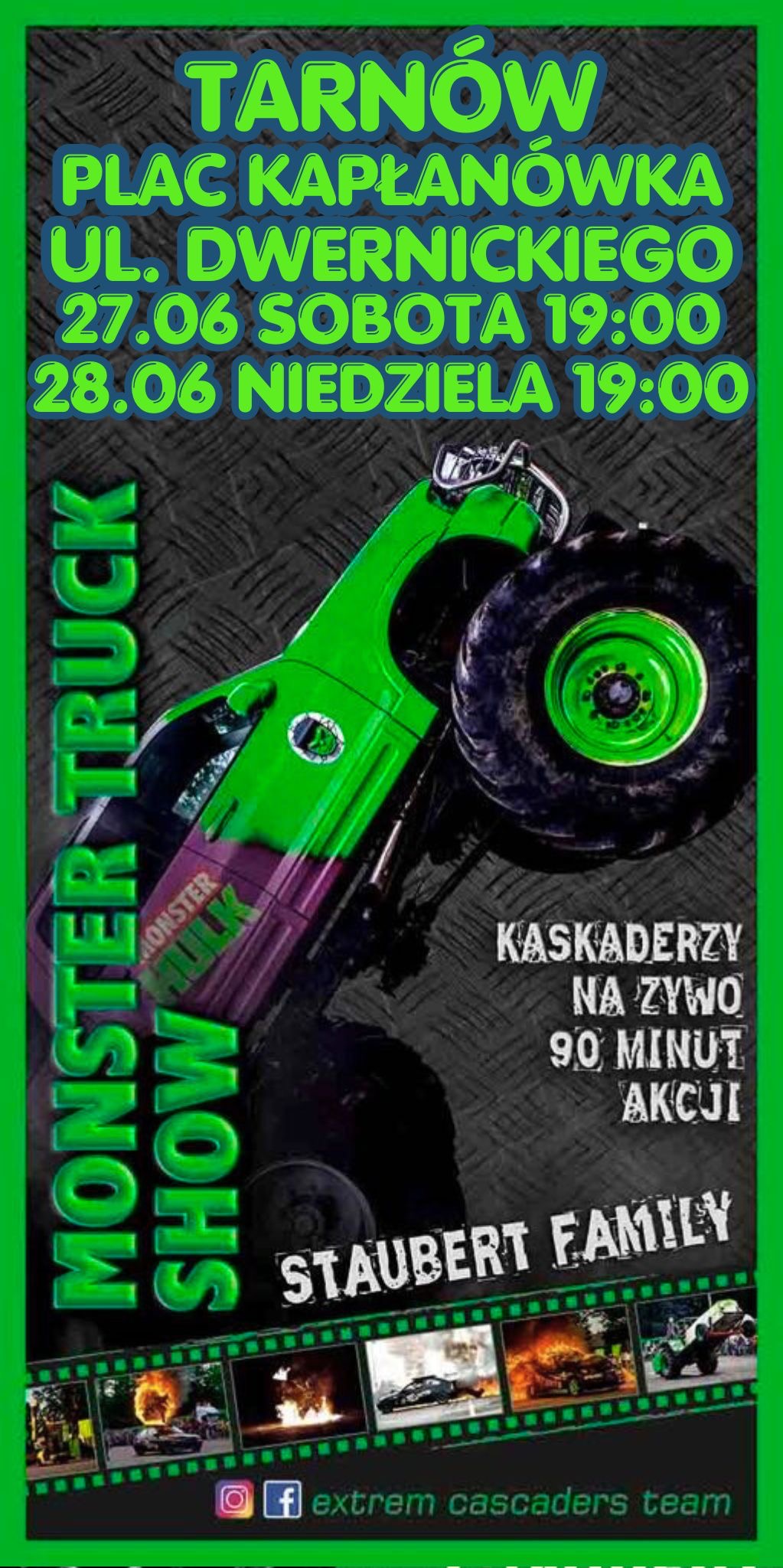 plakat informujący o planowanym monster truck show w tarnowie na placu stara kapłanówka