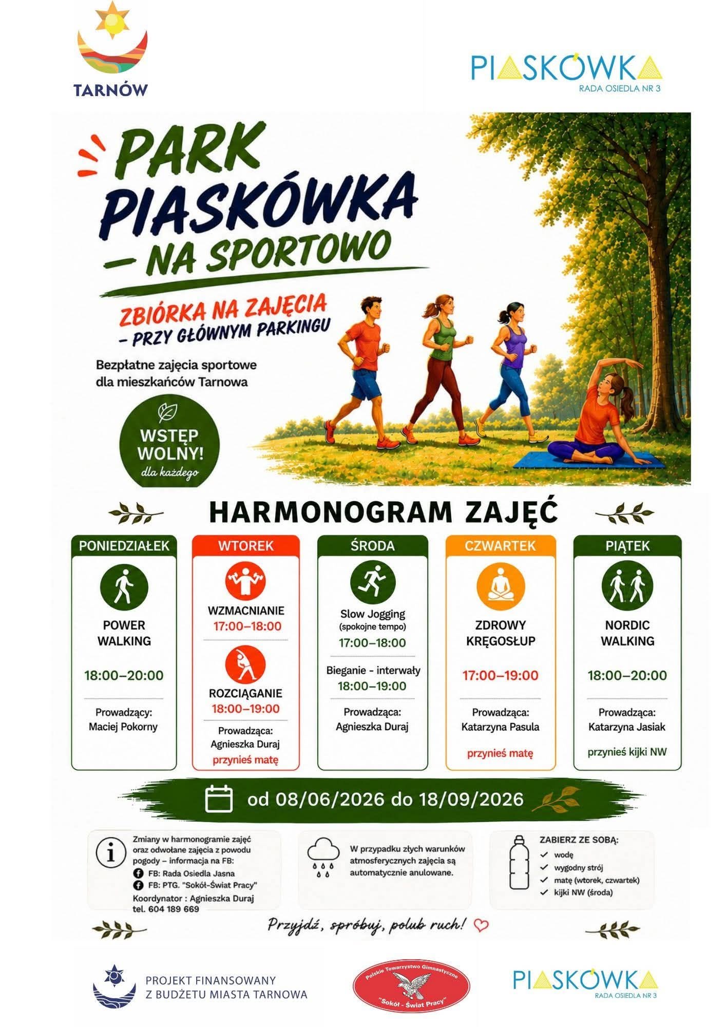 plakat informujący o harmonogramie projektu bezpłatnych zajęć sportowych park piaskówka na sportowo