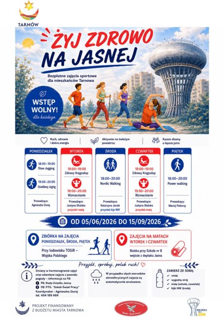 plakat informacyjny o projekcie bezpłatnych zajęć sportowych na osiedlu jasna w tarnowie