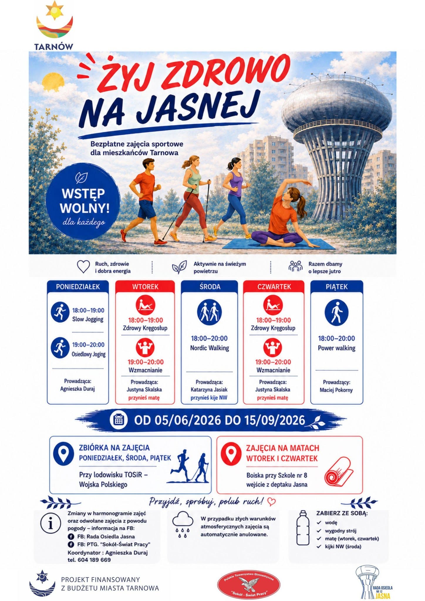 plakat informacyjny o projekcie bezpłatnych zajęć sportowych na osiedlu jasna w tarnowie