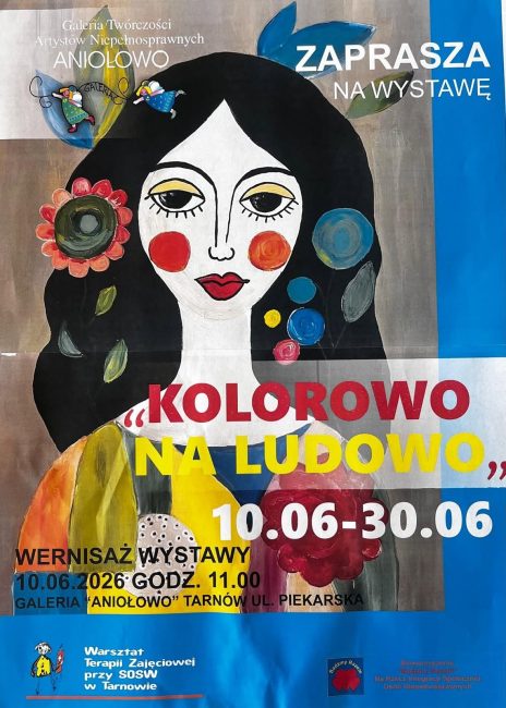 plakat promujący wystawę "kolorowo na ludowo" w galerii aniołowo
