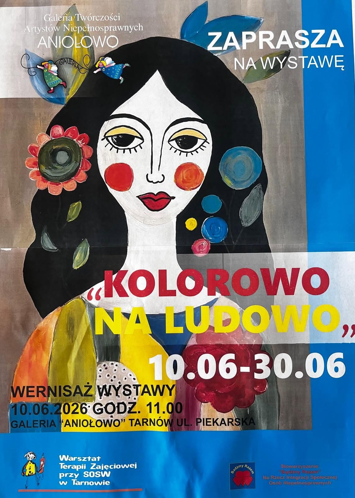 plakat promujący wystawę "kolorowo na ludowo" w galerii aniołowo