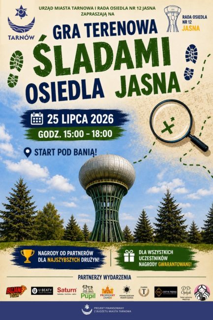 plakat promujący udział w grze plenerowej z nagrodami na osiedlu jasna w tarnowie