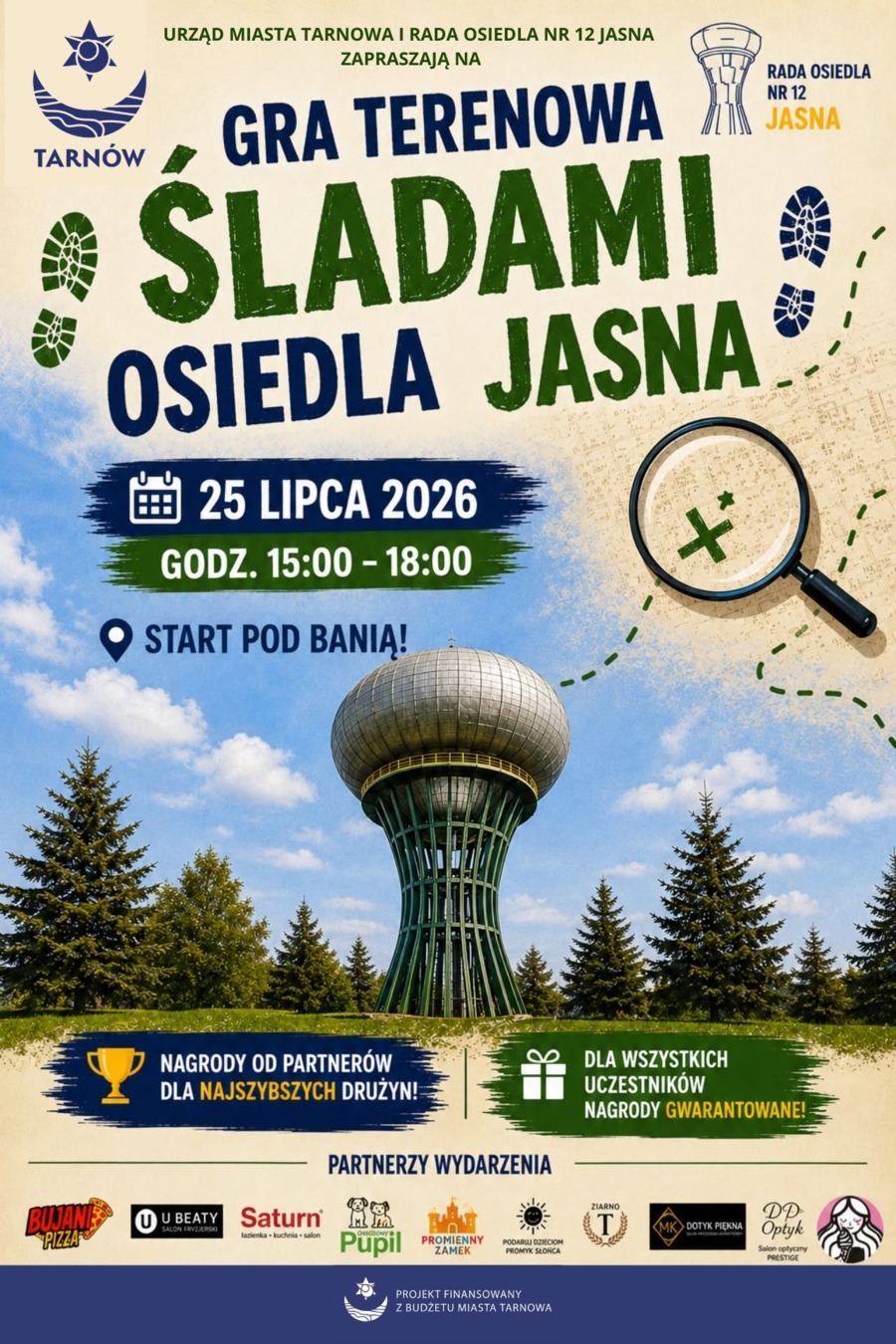 plakat promujący udział w grze plenerowej z nagrodami na osiedlu jasna w tarnowie