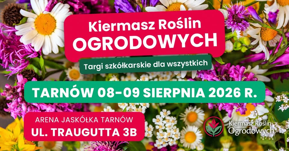 plakat promujący kiermasz roślin i kwiatów ogrodowych na arenie jaskółka w tarnowie-mościcach