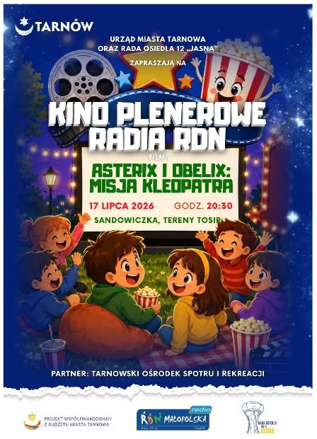 plakat informujący o projekcji filmu asterix i oberix w kinie plenerowym na osiedlu jasna