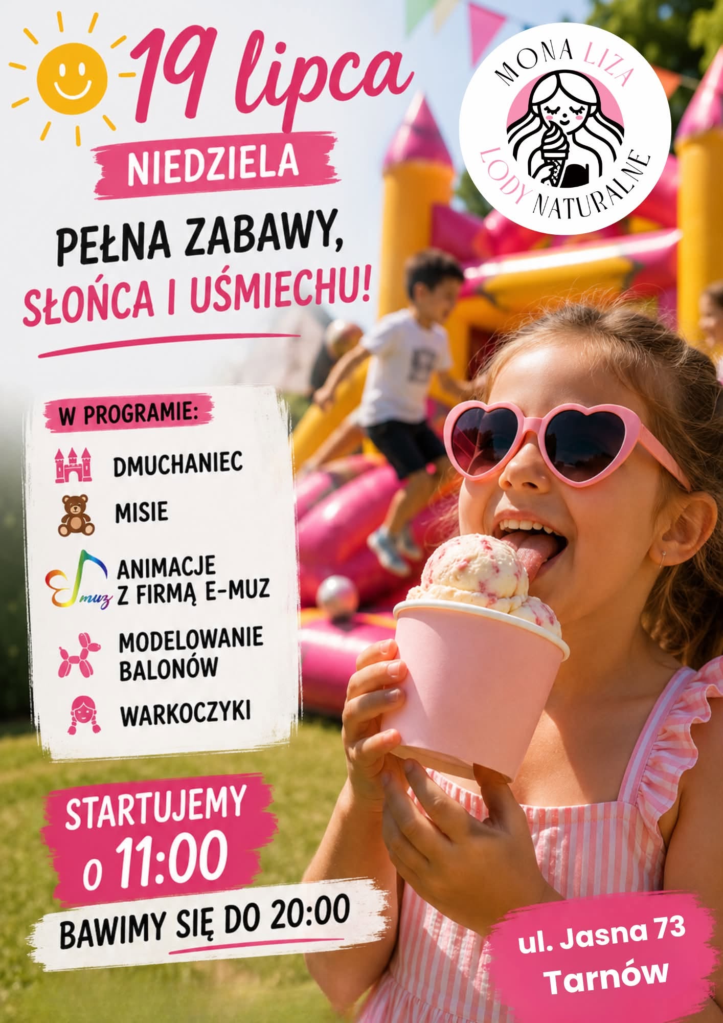 plakat informujący o niedzieli z lodziarnią mona liza w Tarnowie