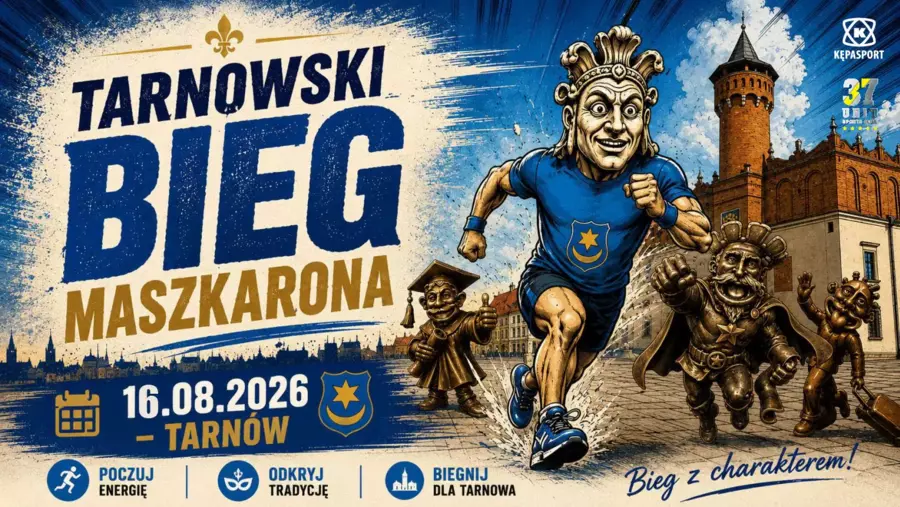 plakat promujący tarnowski bieg maszkarona na rynku w tarrnowie
