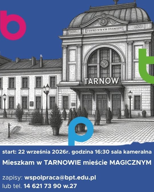 plakat informujący o nowym cyklu spotkań o tarnowie w bibliotece pedagogicznej w tarnowie